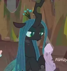 Size: 701x748 | Tagged: safe, screencap, mean twilight sparkle, queen chrysalis, changeling, changeling queen, frenemies (episode), g4, cropped, dead, discovery family logo, female, log, low quality, needs more jpeg, solo, twilog