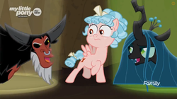 Size: 863x485 | Tagged: safe, screencap, cozy glow, lord tirek, queen chrysalis, centaur, changeling, changeling queen, pegasus, pony, frenemies (episode), g4, all new, better way to be bad, discovery family logo, female, filly, foal, male, spotlight, text