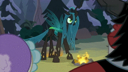 Size: 1280x720 | Tagged: safe, screencap, cozy glow, lord tirek, queen chrysalis, twilight sparkle, alicorn, changeling, changeling queen, pegasus, pony, frenemies (episode), g4, animated, campfire, disguise, disguised changeling, female, filly, floppy ears, forest, laughing, mare, mocking, solo focus, sound, the pathetic princess thing, twilight sparkle (alicorn), twilighting, uvula, webm