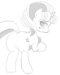 Size: 614x768 | Tagged: safe, alternate version, artist:umejiru, starlight glimmer, pony, unicorn, g4, bedroom eyes, black and white, blushing, butt, equal cutie mark, female, glimmer glutes, grayscale, looking back, mare, monochrome, plot, s5 starlight, simple background, white background