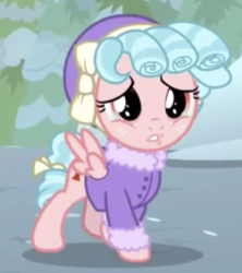 Size: 472x532 | Tagged: safe, screencap, cozy glow, pegasus, pony, frenemies (episode), g4, clothes, cozybetes, cropped, crying, cute, female, filly, foal, hat, solo, winter outfit