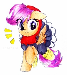 Size: 2238x2474 | Tagged: safe, artist:liaaqila, scootaloo, pony, g4, animal costume, clothes, costume, cute, cutealoo, female, high res, scootachicken, scootaturkey, silly, silly pony, solo, traditional art, turkey costume