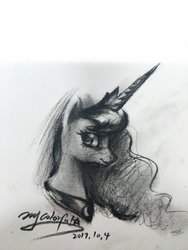 Size: 1536x2048 | Tagged: safe, artist:oofycolorful, princess luna, alicorn, pony, g4, black and white, bust, female, grayscale, mare, monochrome, pencil drawing, portrait, simple background, solo, traditional art