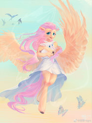 Size: 1080x1447 | Tagged: safe, artist:ogre, angel bunny, fluttershy, pegasus, rabbit, anthro, unguligrade anthro, g4, clothes, duo, female, finger hooves, flying, male, mare, skirt