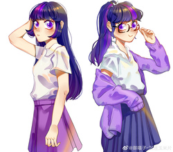 Size: 4006x3508 | Tagged: safe, artist:royal, sci-twi, twilight sparkle, equestria girls, g4, chinese, clothes, cute, duo, female, glasses, human coloration, looking at you, pleated skirt, ponytail, shirt, simple background, skirt, white background