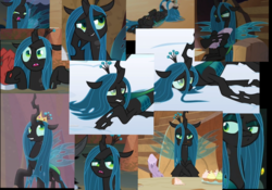 Size: 1159x809 | Tagged: safe, edit, edited screencap, screencap, lord tirek, mean twilight sparkle, queen chrysalis, changeling, changeling queen, frenemies (episode), g4, collage, cropped, cute, cutealis, dead, drained, female, log, twilog