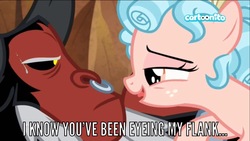 Size: 1280x720 | Tagged: safe, edit, edited screencap, screencap, cozy glow, lord tirek, centaur, pony, frenemies (episode), g4, age difference, caption, cartoonito logo, dialogue, duo, female, filly, foal, image macro, lidded eyes, male, narrowed eyes, nose piercing, nose ring, piercing, septum piercing, ship:cozirek, shipping, straight, text