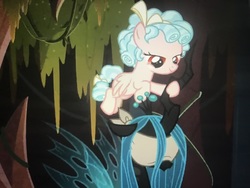 Size: 4032x3024 | Tagged: safe, screencap, cozy glow, queen chrysalis, changeling, changeling queen, pegasus, pony, frenemies (episode), g4, blindfold, cropped, duo, female, filly, foal, out of context