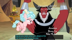 Size: 1920x1080 | Tagged: safe, edit, edited screencap, screencap, cozy glow, lord tirek, centaur, pegasus, pony, frenemies (episode), g4, armpits, barbell, bench press, caption, exercise, female, filly, homie, male, meme, weight lifting, weights, youtube caption