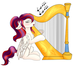 Size: 1182x1110 | Tagged: safe, artist:monsoonvisionz, oc, oc only, oc:heriel, pegasus, pony, commission, eyes closed, female, floppy ears, harp, mare, music notes, musical instrument, open mouth, simple background, solo, transparent background