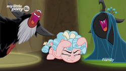Size: 925x521 | Tagged: safe, screencap, cozy glow, lord tirek, queen chrysalis, centaur, changeling, changeling queen, pegasus, pony, frenemies (episode), g4, better way to be bad, cozy glow is not amused, cozybuse, cute, cutealis, eyes closed, female, filly, foal, male, nose in the air, nose piercing, nose ring, piercing, septum piercing, singing, spotlight, tirebetes, trio