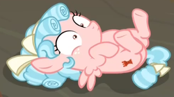 Size: 520x291 | Tagged: safe, screencap, cozy glow, pegasus, pony, frenemies (episode), g4, butt, cozybetes, cropped, cute, female, filly, foal, on back, plot, solo, surprised