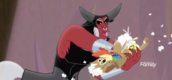 Size: 1909x882 | Tagged: safe, screencap, lord tirek, centaur, frenemies (episode), g4, better way to be bad, discovery family logo, male, nose piercing, nose ring, piercing, septum piercing, singing, solo, toy, toy abuse