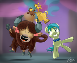 Size: 2878x2376 | Tagged: safe, artist:oinktweetstudios, sandbar, yona, earth pony, pony, yak, g4, she's all yak, bow, bowtie, cloven hooves, cute, dancing, eyes closed, female, grin, hair bow, high res, male, monkey swings, open mouth, quadrupedal, sandabetes, smiling, teenager, trophy, yonadorable