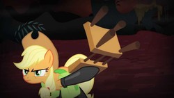 Size: 1280x720 | Tagged: safe, screencap, applejack, earth pony, pony, g4, somepony to watch over me, applejack's hat, chair, cowboy hat, female, fireproof boots, hat, mare, saddle bag, solo, stetson