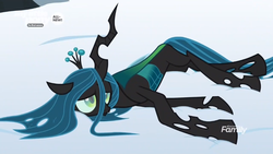 Size: 926x521 | Tagged: safe, screencap, queen chrysalis, changeling, changeling queen, frenemies (episode), g4, cute, cutealis, drained, female, floppy ears, prone, sad, sadorable, snow, vulnerable, weak