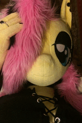 Size: 600x906 | Tagged: safe, artist:qtpony, fluttershy, anthro, g4, animated, anthro plushie, clothes, dress, ear piercing, emoshy, eyeshadow, female, fluttergoth, goth, irl, jewelry, makeup, no sound, photo, piercing, plushie, ring, solo, webm