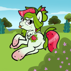 Size: 2100x2100 | Tagged: safe, artist:sjart117, oc, oc only, oc:watermelana, pegasus, pony, :p, bush, butt, cloud, crossed hooves, female, flank, flower, freckles, gradient hooves, grass, high res, looking back, mare, ocean, plot, prone, sky, solo, tongue out, tree, wing fluff