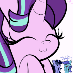Size: 1500x1500 | Tagged: dead source, safe, artist:php142, starlight glimmer, oc, oc:purple flix, oc:sierra nightingale, pegasus, pony, unicorn, g4, :3, animated, cute, dialogue, eyes closed, fangirling, female, gif, glimmerbetes, mare, smiling, vibrating