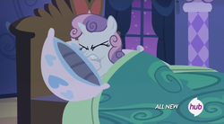 Size: 852x470 | Tagged: safe, screencap, sweetie belle, pony, unicorn, for whom the sweetie belle toils, g4, angry, bed, blanket, female, filly, hub logo, pillow, solo