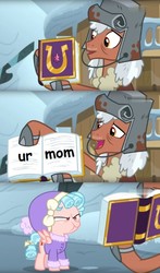 Size: 392x665 | Tagged: safe, edit, edited screencap, screencap, cozy glow, rusty bucket, pegasus, pony, frenemies (episode), g4, bucket, clothes, cozy glow is not amused, duo, female, filly, foal, friendship journal, hat, male, meme, rusty bucket journal meme, scrunchy face, solo, stallion, winter outfit, your mom