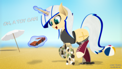 Size: 5120x2880 | Tagged: safe, artist:just rusya, oc, oc only, oc:4 bore, pony, unicorn, beach, beach ball, car, clothes, converse, high res, humvee, jacket, levitation, magic, raised hoof, sand, shoes, smiling, sneakers, socks, solo, stepping on something, telekinesis, text, toy car, umbrella