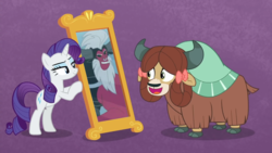 Size: 1920x1080 | Tagged: safe, edit, edited screencap, screencap, lord tirek, rarity, yona, pony, unicorn, yak, frenemies (episode), g4, she's all yak, better way to be bad, bipedal, bow, cloven hooves, duo, female, fit right in, hair bow, mare, meme, mirror, purple background, simple background