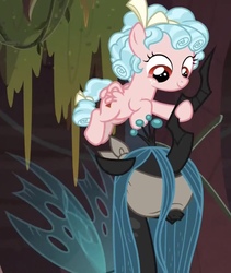 Size: 951x1125 | Tagged: safe, screencap, cozy glow, queen chrysalis, changeling, changeling queen, pegasus, pony, frenemies (episode), g4, season 9, blindfold, cropped, duo, female, filly, foal, horn, horn grab, horn touch, out of context