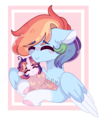 Size: 1192x1412 | Tagged: safe, artist:moon-rose-rosie, rainbow dash, oc, oc:celestial moon, pony, g4, duo, female, magical lesbian spawn, mother and daughter, offspring, parent:rainbow dash, parent:twilight sparkle, parents:twidash, swaddling