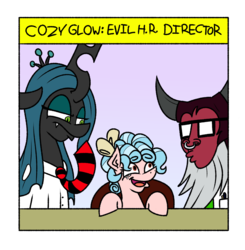 Size: 1056x1076 | Tagged: safe, artist:cowsrtasty, cozy glow, lord tirek, queen chrysalis, centaur, changeling, changeling queen, pony, frenemies (episode), g4, dilbert, female, filly, foal, glasses, lilac background, male, necktie, nose piercing, nose ring, piercing, septum piercing, simple background, style emulation