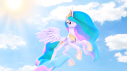 Size: 1920x1080 | Tagged: safe, artist:loveslove, princess celestia, alicorn, pony, g4, 3d, female, flying, looking at you, praise the sun, sky, smiling, solo, sun