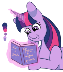 Size: 649x741 | Tagged: safe, artist:flamirasplitz, twilight sparkle, pony, unicorn, g4, adorkable, book, color palette, cute, dork, female, magic, prone, reading, solo, telekinesis, that pony sure does love books, twiabetes, unicorn twilight