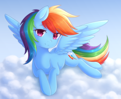Size: 2768x2275 | Tagged: safe, artist:fluffymaiden, rainbow dash, pegasus, pony, cloud, cute, dashabetes, eye clipping through hair, female, looking at you, mare, on a cloud, prone, sky, solo, spread wings, wings