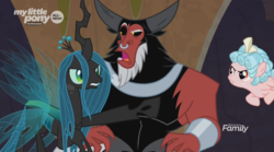 Size: 1273x710 | Tagged: safe, screencap, cozy glow, lord tirek, queen chrysalis, centaur, changeling, changeling queen, pegasus, pony, frenemies (episode), g4, animation error, cozy glow is not amused, earless, female, filly, foal, male, no ears, nose piercing, nose ring, open mouth, piercing, septum piercing, trio
