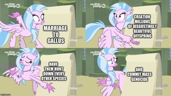 Size: 888x500 | Tagged: safe, edit, edited screencap, screencap, silverstream, classical hippogriff, hippogriff, g4, uprooted, comic, despicable me, female, flying, genocide, gru's plan, implied gallstream, implied gallus, inverted mouth, mare, meme, murder, silverstream's plan, solo, template, wtf