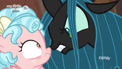 Size: 1920x1080 | Tagged: safe, screencap, cozy glow, queen chrysalis, changeling, changeling queen, pony, frenemies (episode), g4, cozybuse, duo, female, filly, foal
