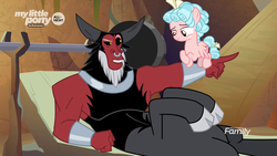Size: 1920x1080 | Tagged: safe, screencap, cozy glow, lord tirek, centaur, pegasus, pony, frenemies (episode), g4, bench press, cloven hooves, duo, female, filly, flying, foal, male, nose piercing, nose ring, piercing, pointing, raised eyebrow, septum piercing