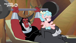 Size: 1920x1080 | Tagged: safe, screencap, cozy glow, lord tirek, centaur, pegasus, pony, frenemies (episode), g4, armpits, bench press, cloven hooves, duo, female, filly, foal, male, nose piercing, nose ring, piercing, septum piercing, weight lifting