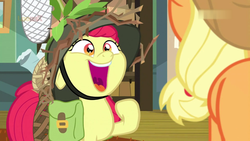 Size: 1920x1080 | Tagged: safe, screencap, apple bloom, earth pony, pony, g4, going to seed, adorabloom, cute, female, filly, floppy ears, helmet, saddle bag, smiling, solo focus