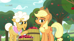 Size: 1920x1080 | Tagged: safe, screencap, applejack, earth pony, pony, g4, going to seed, apple, apple tree, barrel, clothes, duo, female, food, mare, shawl, tree