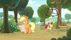 Size: 1920x1080 | Tagged: safe, screencap, apple bloom, applejack, earth pony, pony, g4, going to seed, apple, apple sisters, apple tree, duo, female, filly, foal, food, male, mare, mouth hold, rope, sisters, trap (device), tree, what could possibly go wrong