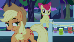 Size: 1920x1080 | Tagged: safe, screencap, apple bloom, applejack, earth pony, pony, g4, going to seed, adorabloom, apple sisters, cute, duo, female, filly, foal, grin, mare, night, sisters, smiling, tin can