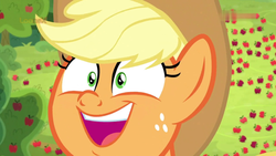 Size: 1920x1080 | Tagged: safe, screencap, applejack, pony, g4, going to seed, apple, bust, faic, female, food, mare, portrait, solo