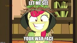 Size: 800x450 | Tagged: safe, edit, edited screencap, screencap, apple bloom, earth pony, pony, g4, going to seed, big grin, caption, face of mercy, faic, female, filly, foal, full metal jacket, grin, helmet, image macro, imgflip, let me see your war face, slasher smile, smiling, solo, text