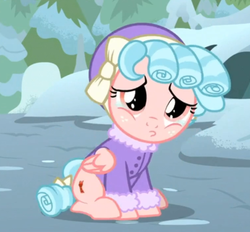 Size: 539x500 | Tagged: safe, screencap, cozy glow, pegasus, pony, frenemies (episode), g4, clothes, cozy glow is best facemaker, cozybetes, cropped, cute, female, filly, foal, hat, pouting, sad, sitting, snow, solo, winter outfit