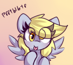 Size: 681x605 | Tagged: safe, artist:dsp2003, artist:lockheart, derpy hooves, pegasus, pony, :p, colored sketch, cute, derpabetes, eye clipping through hair, female, gradient background, mare, mlem, raspberry, silly, silly pony, solo, tongue out