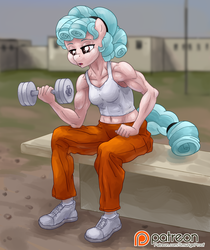 Size: 1259x1500 | Tagged: safe, artist:smudge proof, cozy glow, pegasus, anthro, g4, abs, armpits, biceps, breasts, chest freckles, clothes, cozy swole, dumbbell (object), female, freckles, midriff, muscles, muscular female, older, older cozy glow, patreon, patreon logo, prison, prison outfit, shoulder freckles, solo, sweat, tank top, uniform, weights, workout