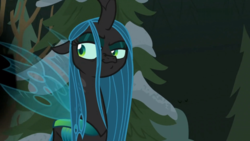Size: 1824x1026 | Tagged: safe, screencap, queen chrysalis, changeling, changeling queen, frenemies (episode), g4, aside glance, female, freckles, smug, solo