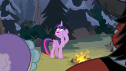 Size: 1824x1026 | Tagged: safe, screencap, cozy glow, lord tirek, queen chrysalis, twilight sparkle, alicorn, changeling, changeling queen, pegasus, pony, frenemies (episode), g4, campfire, disguise, disguised changeling, female, filly, floppy ears, forest, mare, mocking, solo focus, the pathetic princess thing, twilight sparkle (alicorn)