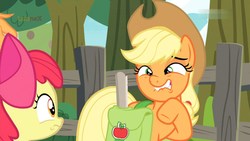 Size: 1824x1026 | Tagged: safe, screencap, apple bloom, applejack, earth pony, pony, g4, going to seed, apple sisters, duo, faic, female, filly, foal, lip bite, mare, raised hoof, saddle bag, sisters
